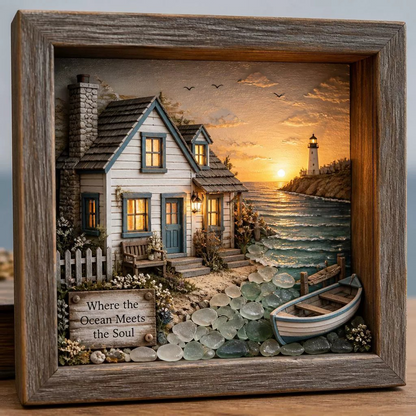 🔥💝Coastal Lighthouse Sea Glass Shadow Box Night Light