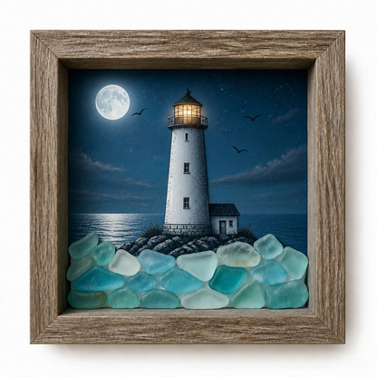 🔥💝Coastal Lighthouse Sea Glass Shadow Box Night Light