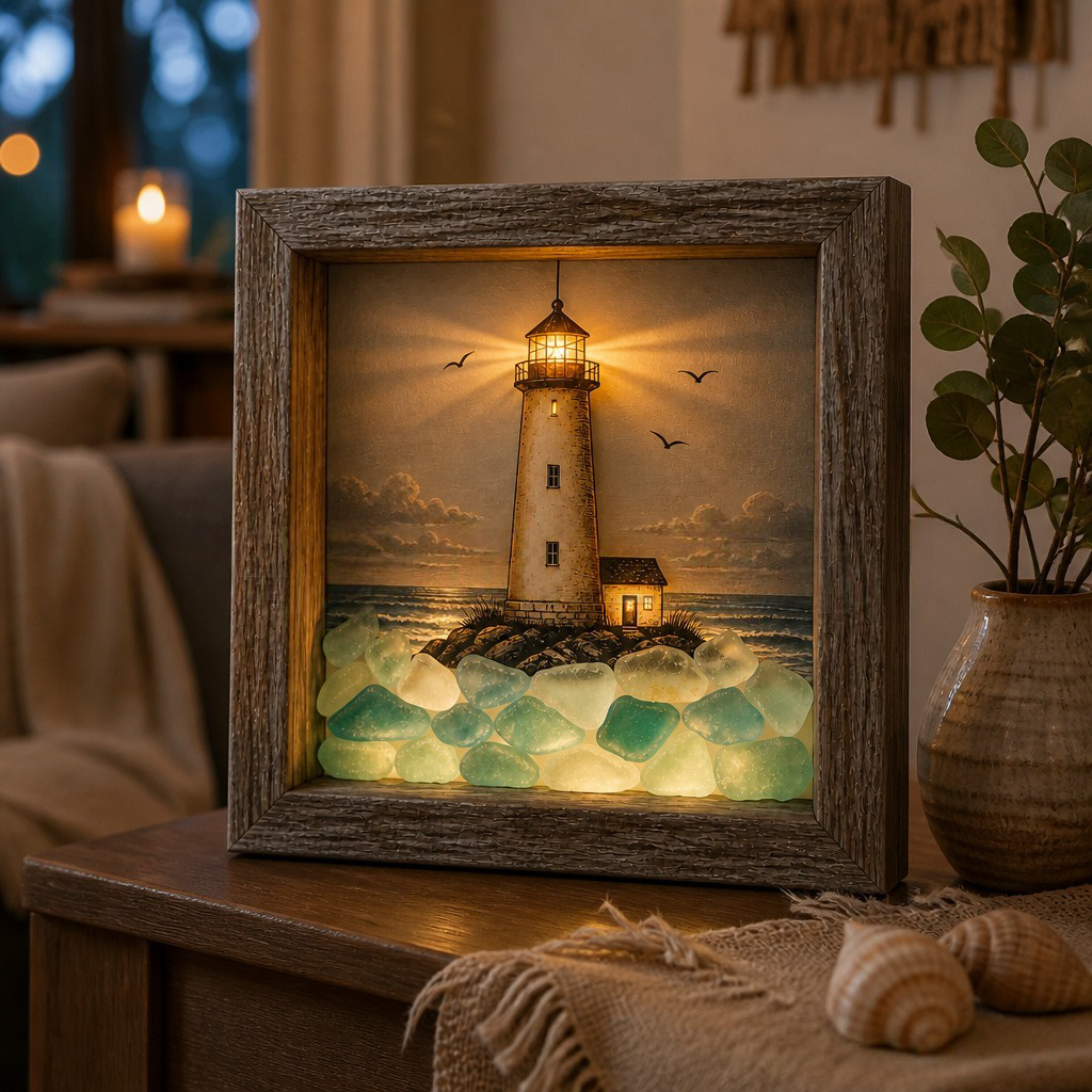 🔥💝Coastal Lighthouse Sea Glass Shadow Box Night Light