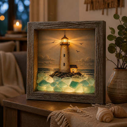 🔥💝Coastal Lighthouse Sea Glass Shadow Box Night Light