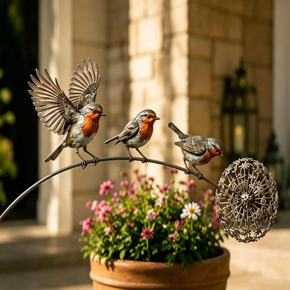 Robin Garden Stake - 3 Robin Birds & Dandelion Outdoor Yard Art Decor