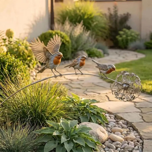 Robin Garden Stake - 3 Robin Birds & Dandelion Outdoor Yard Art Decor