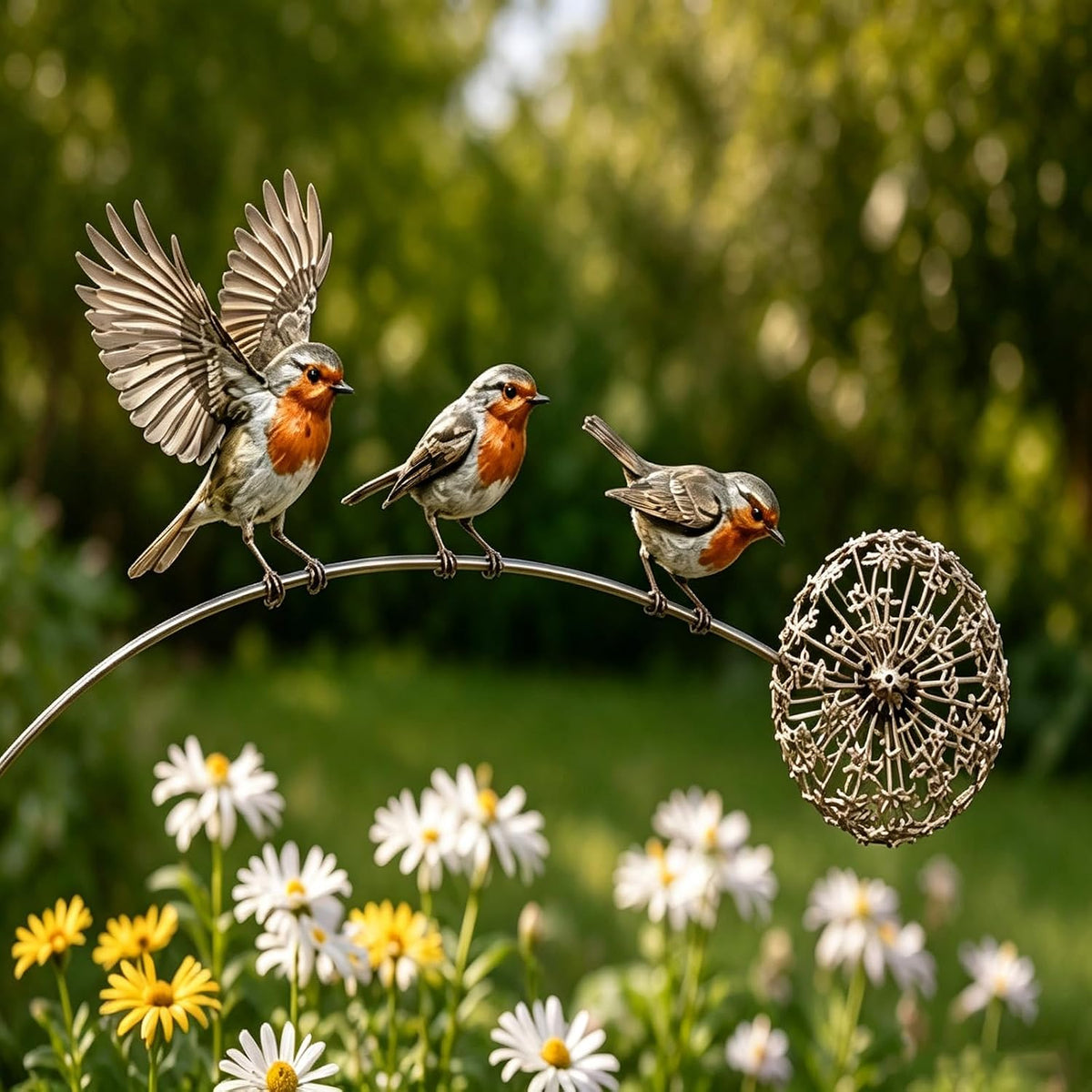 Robin Garden Stake - 3 Robin Birds & Dandelion Outdoor Yard Art Decor