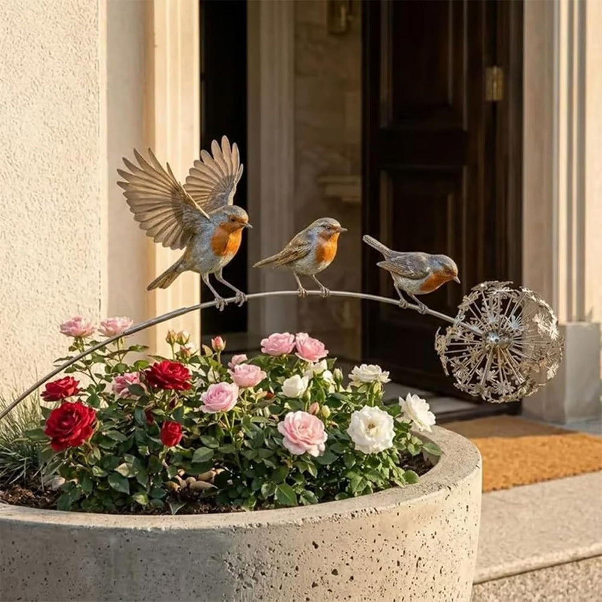 Robin Garden Stake - 3 Robin Birds & Dandelion Outdoor Yard Art Decor