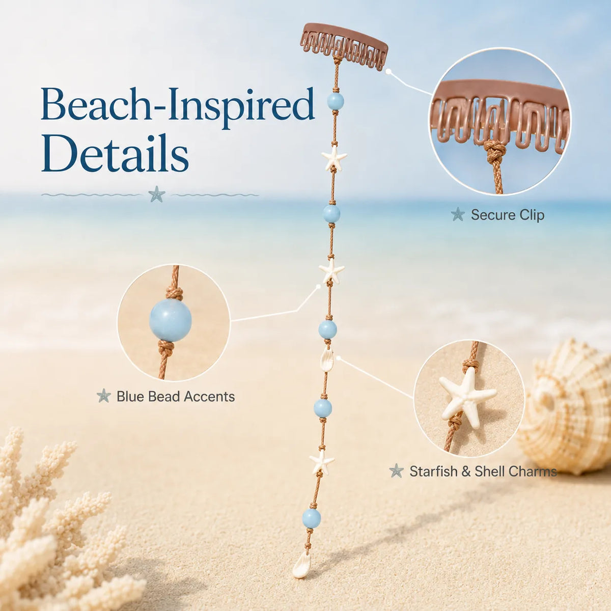 🌊⭐Beachy Mermaid Hair Accent Clip (Featuring blue bead accents, starfish, and shell charms)