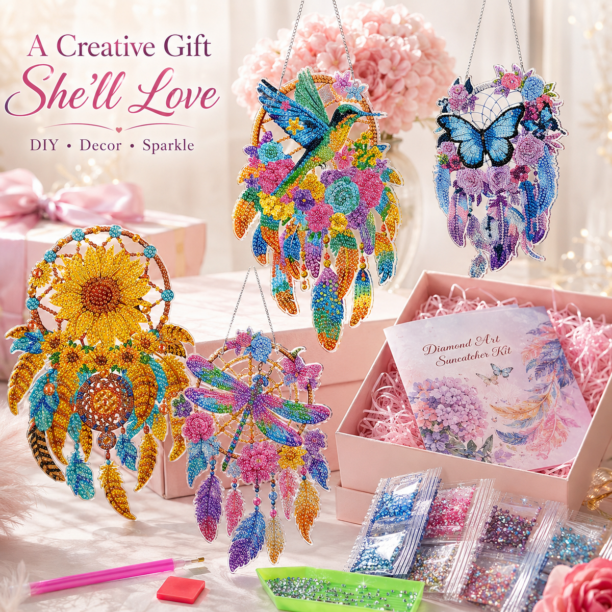 🦋DIY Crystal Dreamcatcher Suncatcher Kit - Sparkling Butterfly & Floral Hanging Window Decor