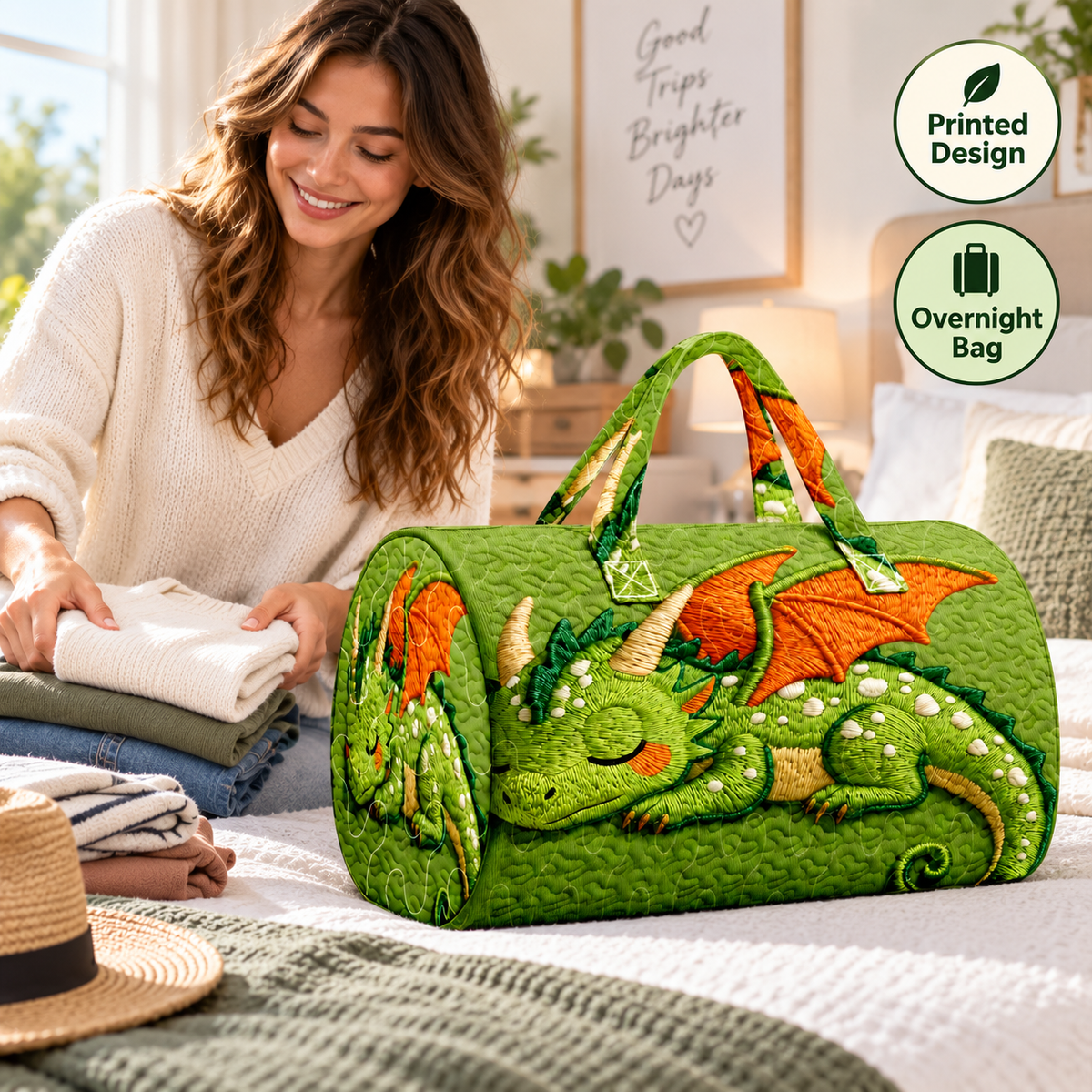 Cute Sleeping Dragon Quilted Duffel Bag – Fantasy Print Overnight & Weekender Travel Bag