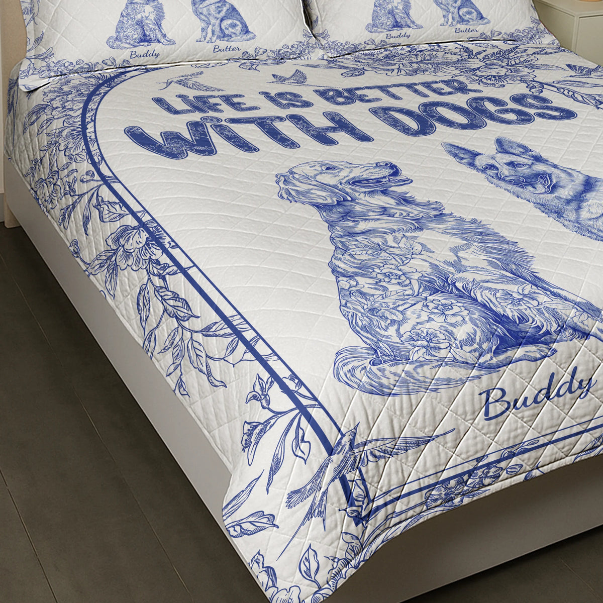 Life Is Better With Dogs Toile De Jouy Chinoiseries French Style - Custom Quilt Set
