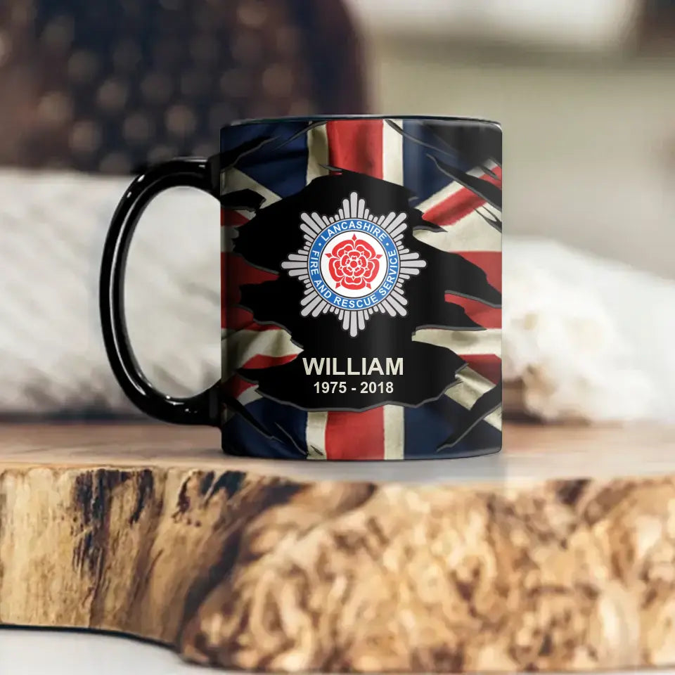 Mug personnalisé avec nom et heure du pompier britannique imprimé