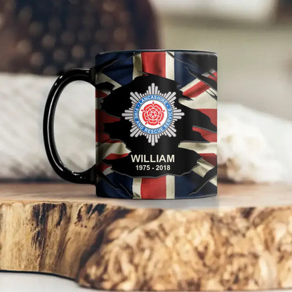 Mug personnalisé avec nom et heure du pompier britannique imprimé