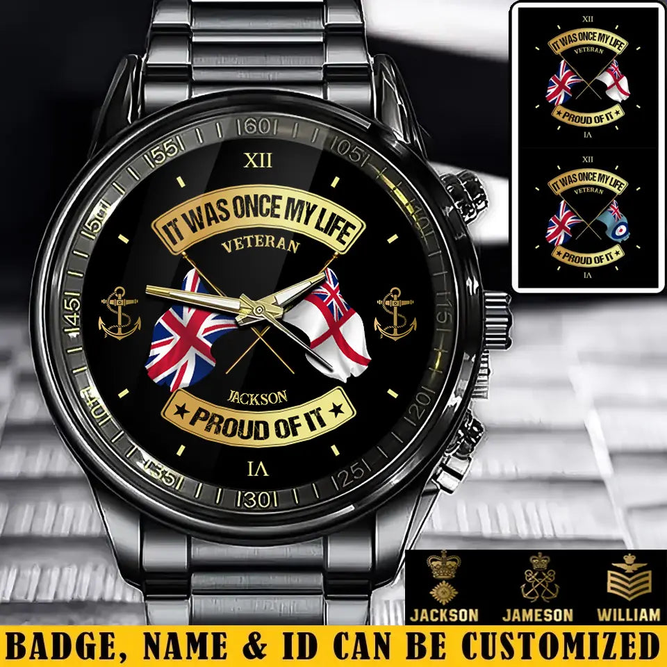 Personalisierte britische Soldat/Veteran mit Namen und Rang schwarze Edelstahl-Armbanduhr