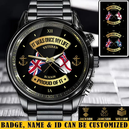 Personalisierte britische Soldat/Veteran mit Namen und Rang schwarze Edelstahl-Armbanduhr