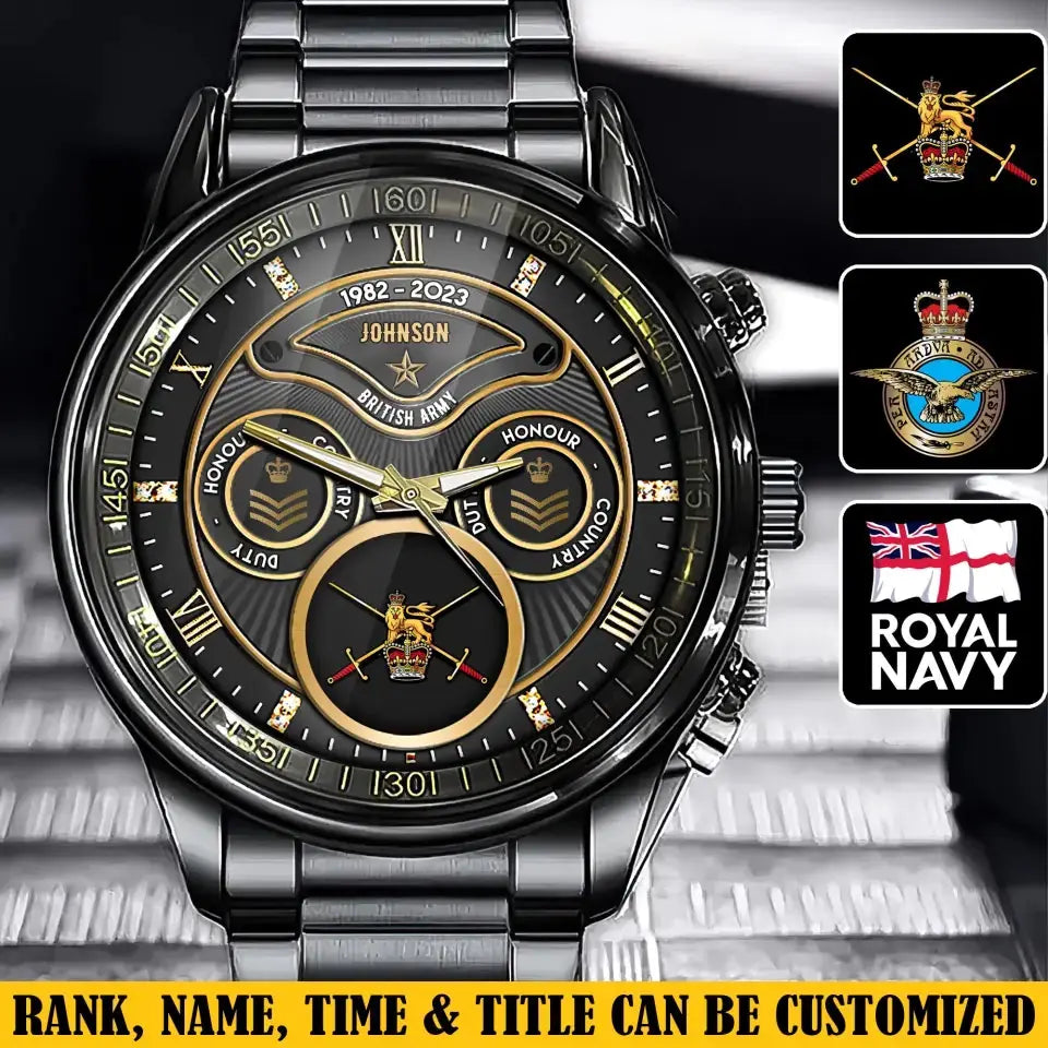 Maßgeschneiderte goldene Uhr mit Militärabzeichen und Rang eines britischen Veteranen mit personalisiertem Namen und Dienstdaten