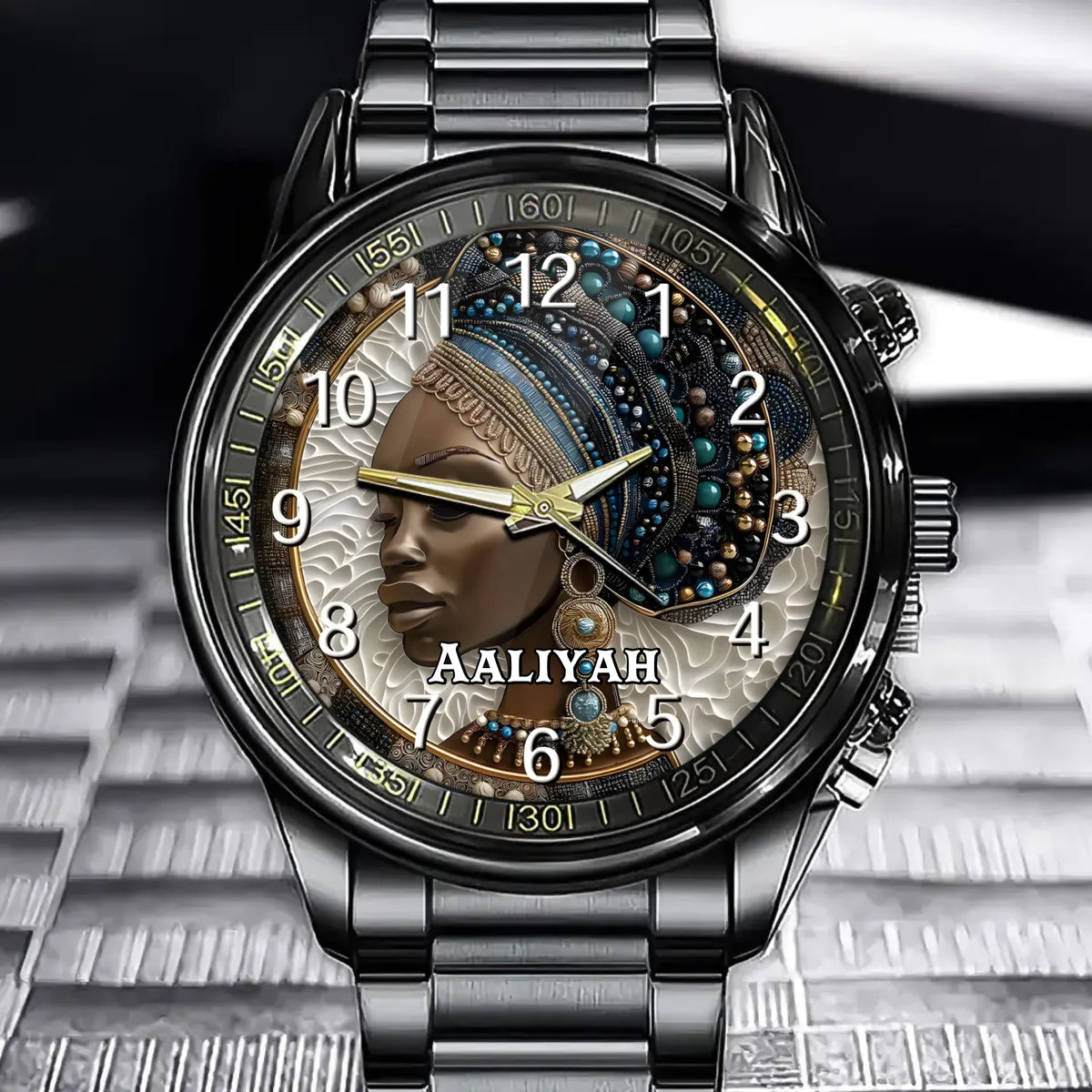 Melanin Queen Art Watch - Personalized African American Watch with Luxury Beadwork & Custom Name