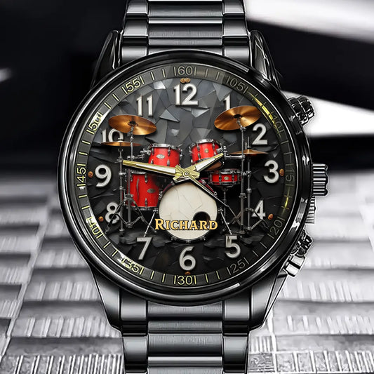 Personalized Drum Set Watch – Custom Name Gift for Music Lovers