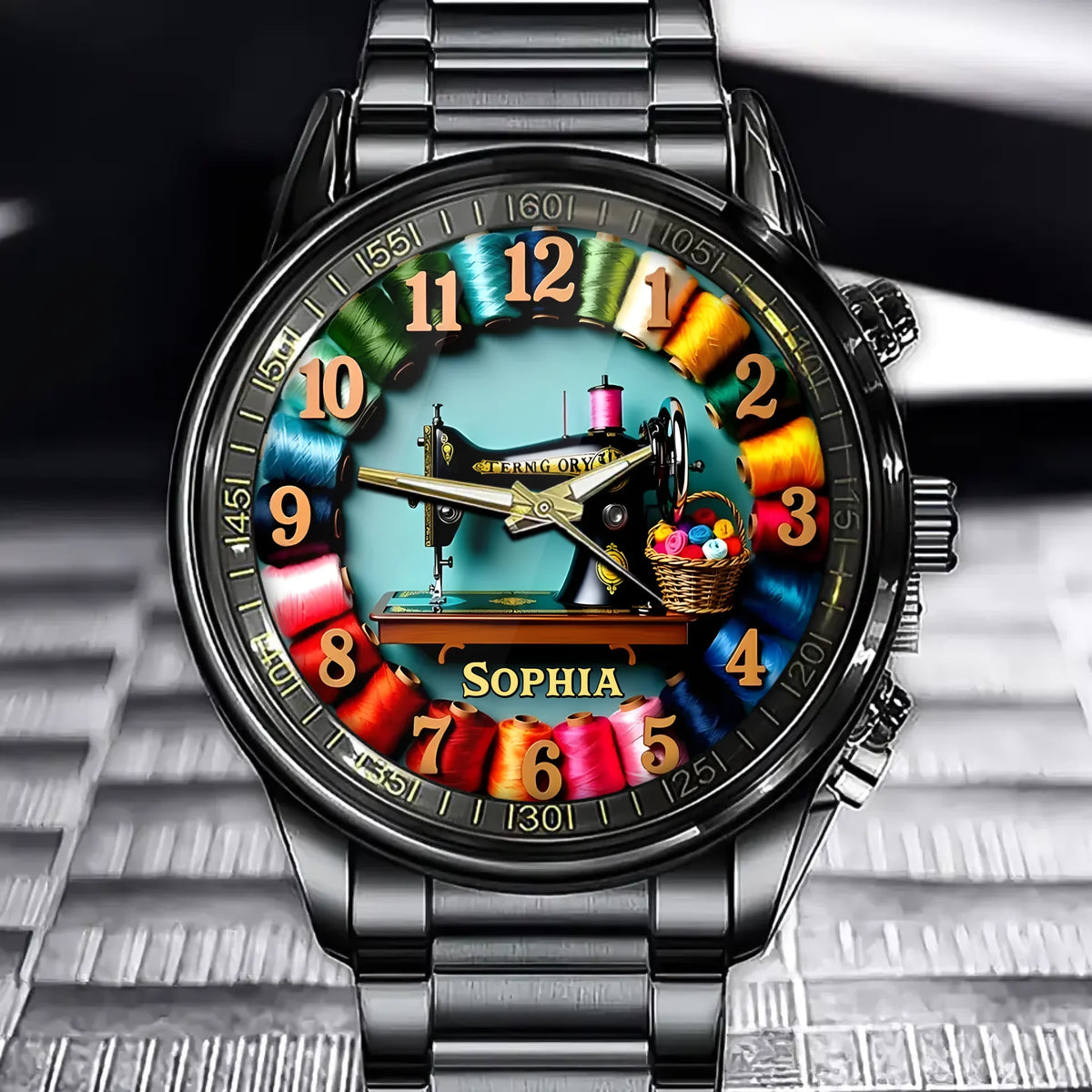 Personalized Thread & Sewing Machine Watch – Custom Name Timepiece for Craft Lovers