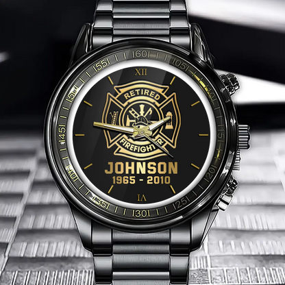 Montre personnalisée avec nom et durée de service pour pompier à la retraite