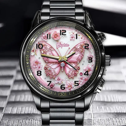 Personalized Pink Butterfly & Flower Watch – Custom Name Elegant Women’s Gift