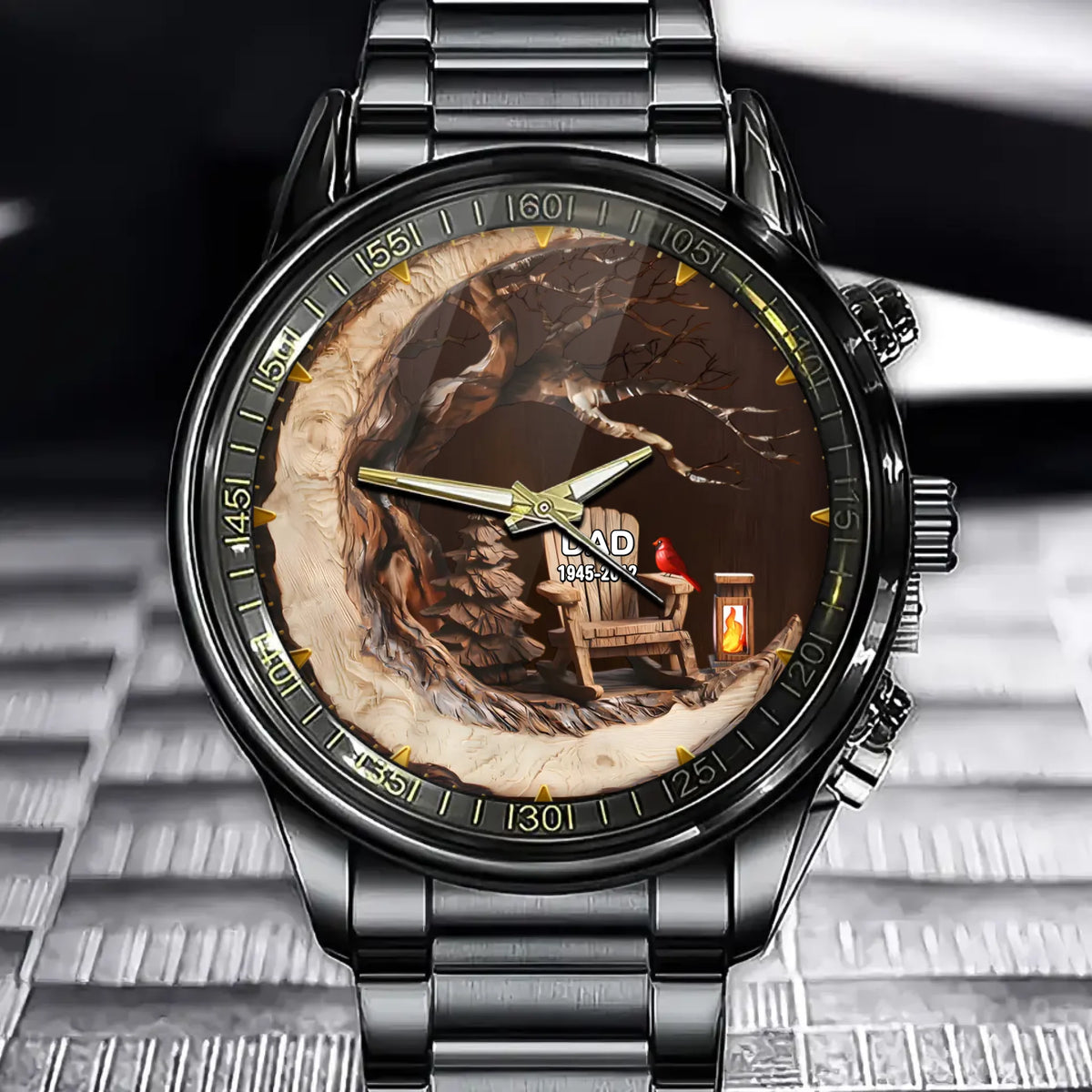 Personalized Christmas In Heaven Rustic Watch - Custom Name Engraved with Cardinal, Adirondack Chair & Rustic Tree Scene