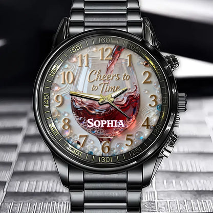 Personalized Wine Glass "Cheers to Time" Watch - Custom Name for Red Wine