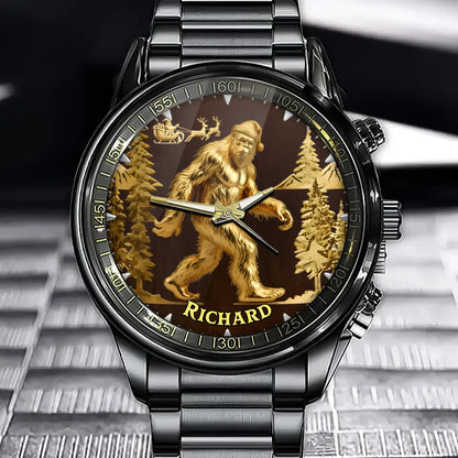 Personalized Christmas Bigfoot Watch - Custom Name, Distinctive Forest & Cryptid Timepiece