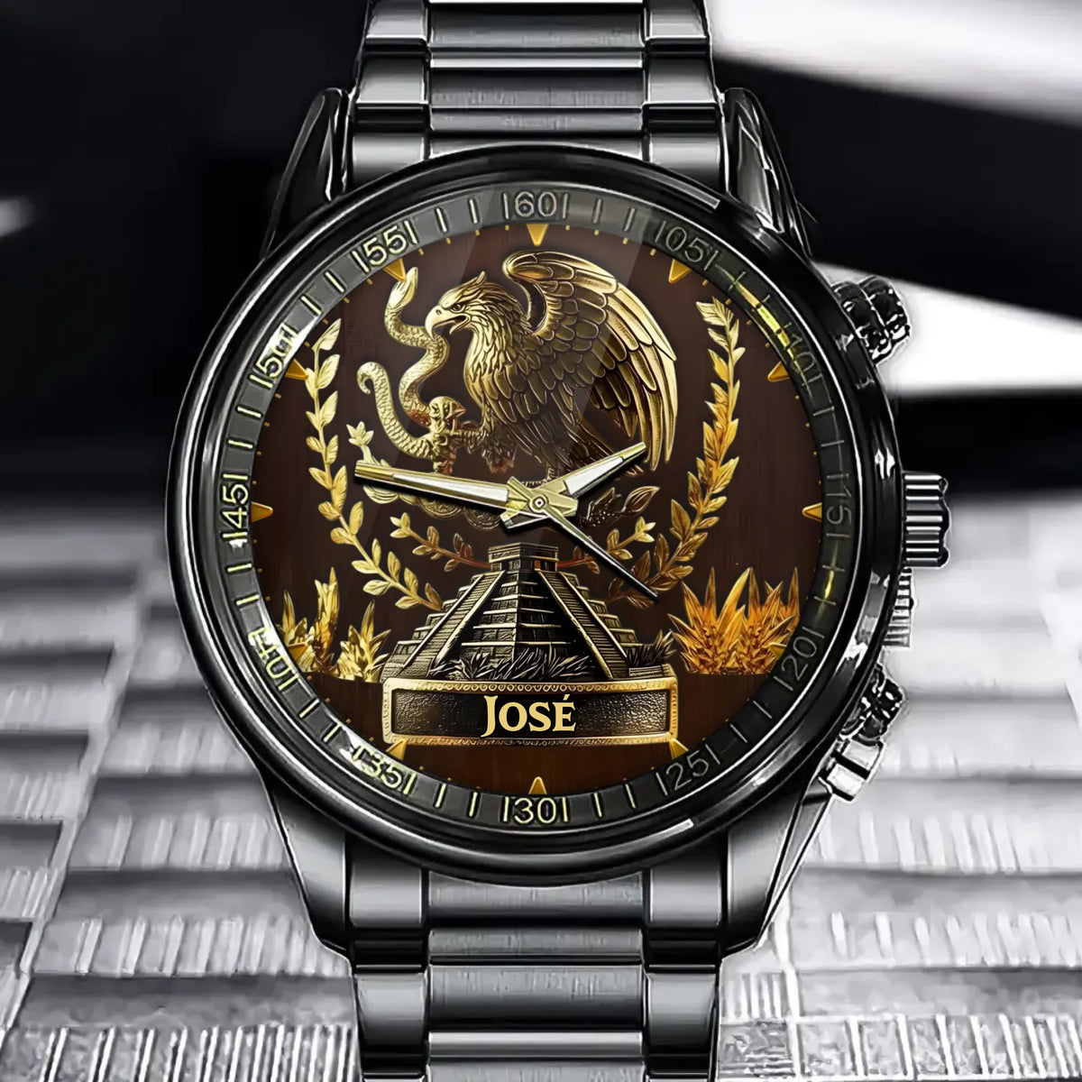 Reloj Personalizado Con Pirámide Del Águila Mexicana - Esfera Con Emblema Y Nombre Personalizado