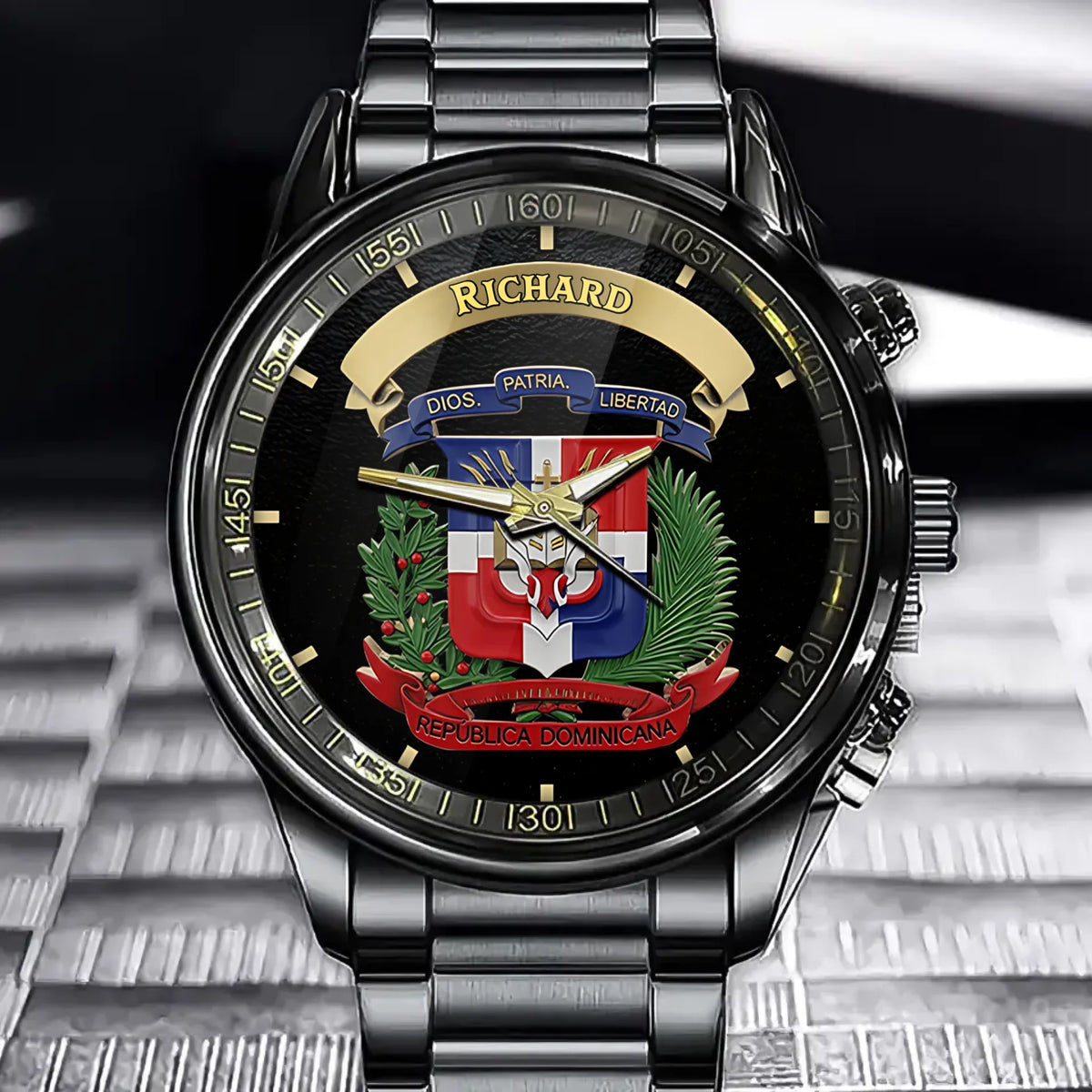Personalized Dominican Republic National Emblem Watch - "DIOS. PATRIA. LIBERTAD" & Laurel Wreath Detailed Design with Custom Name