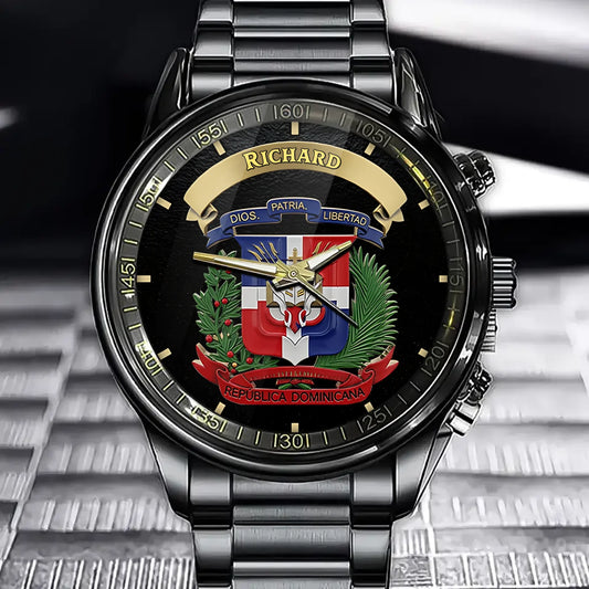 Personalized Dominican Republic National Emblem Watch - "DIOS. PATRIA. LIBERTAD" & Laurel Wreath Detailed Design with Custom Name