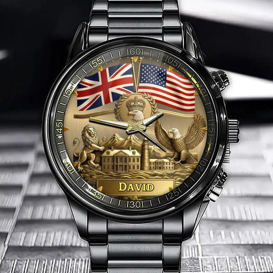 Personalized Dual Flags Watch with Custom Lion and Eagle Design for British Americans