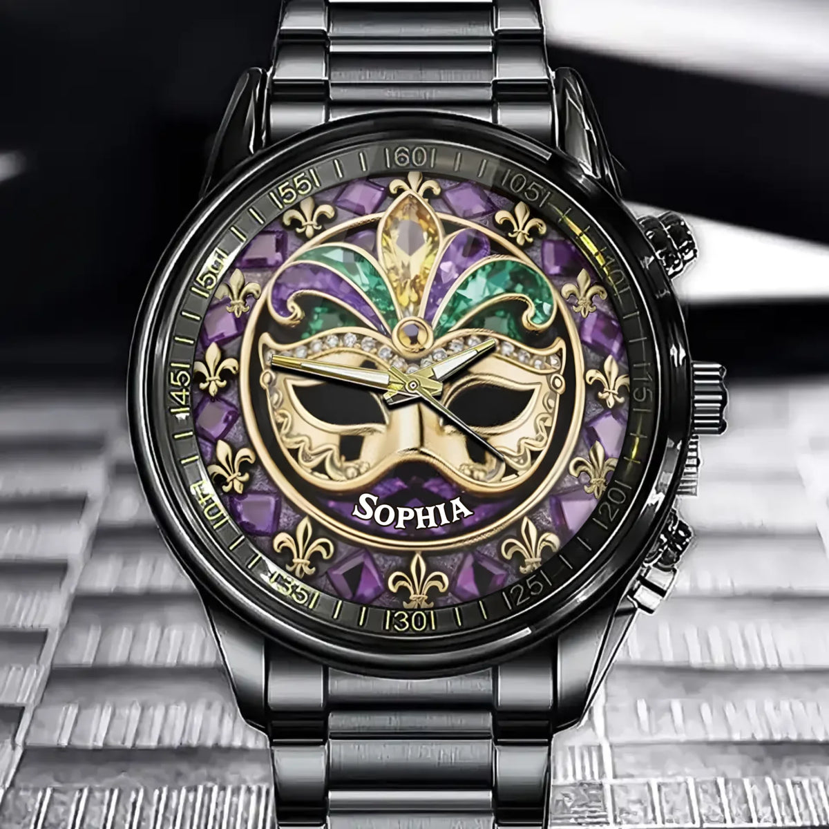 Personalized Mardi Gras Festive Watch – Custom Name & Intricate Mask Motif Design