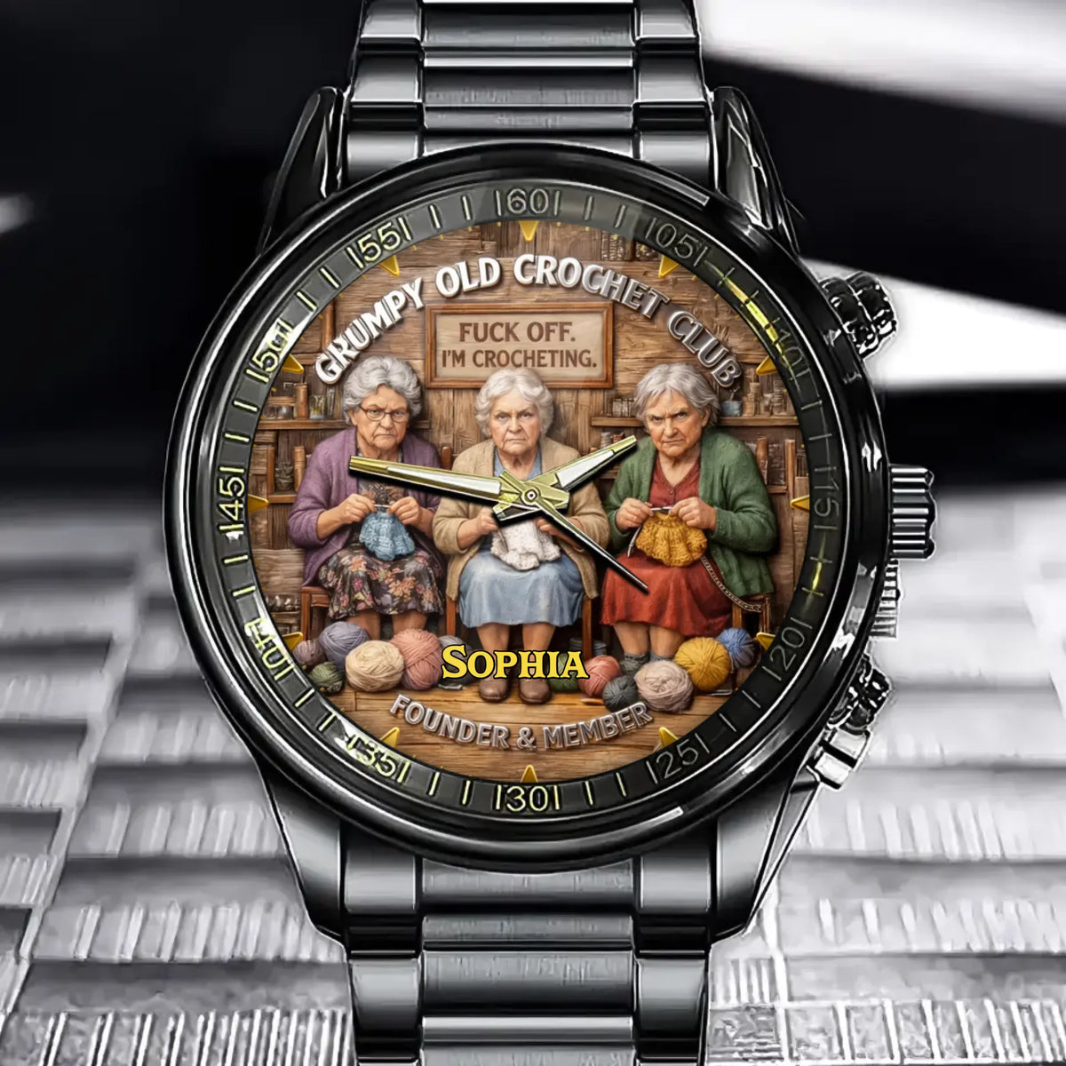 Personalized Grumpy Old Crochet Club Watch with Name Customization
