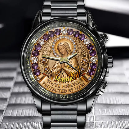 Personalized Catholic Faith Watch – Custom Name & Virgin Mary Protection Details