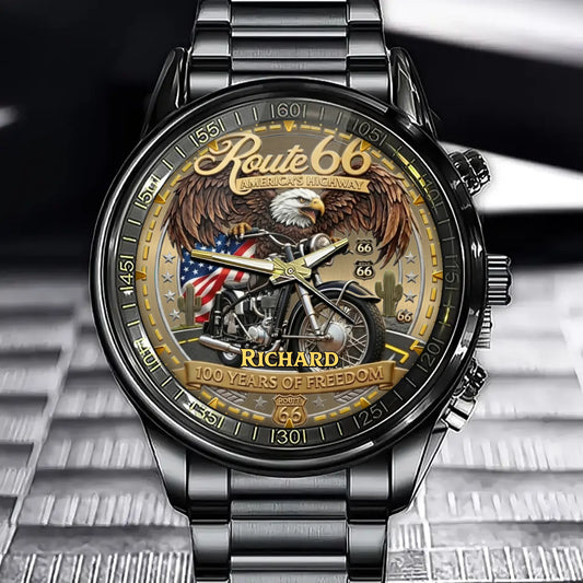 Personalized Route 66 Freedom Commemorative Watch – Custom Name Ultimate Biker Gift