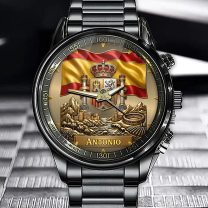 Personalized Spain Heritage Watch – Custom Name With Spanish Flag and Royal Crest
