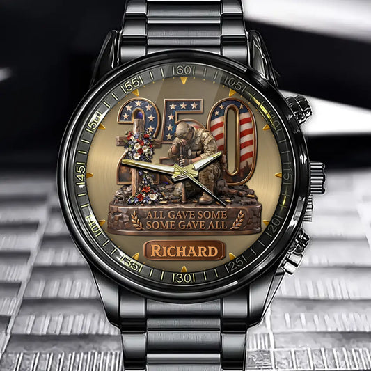 Personalized Veteran Tribute Watch – Custom Name With Memorial Scene and Flag