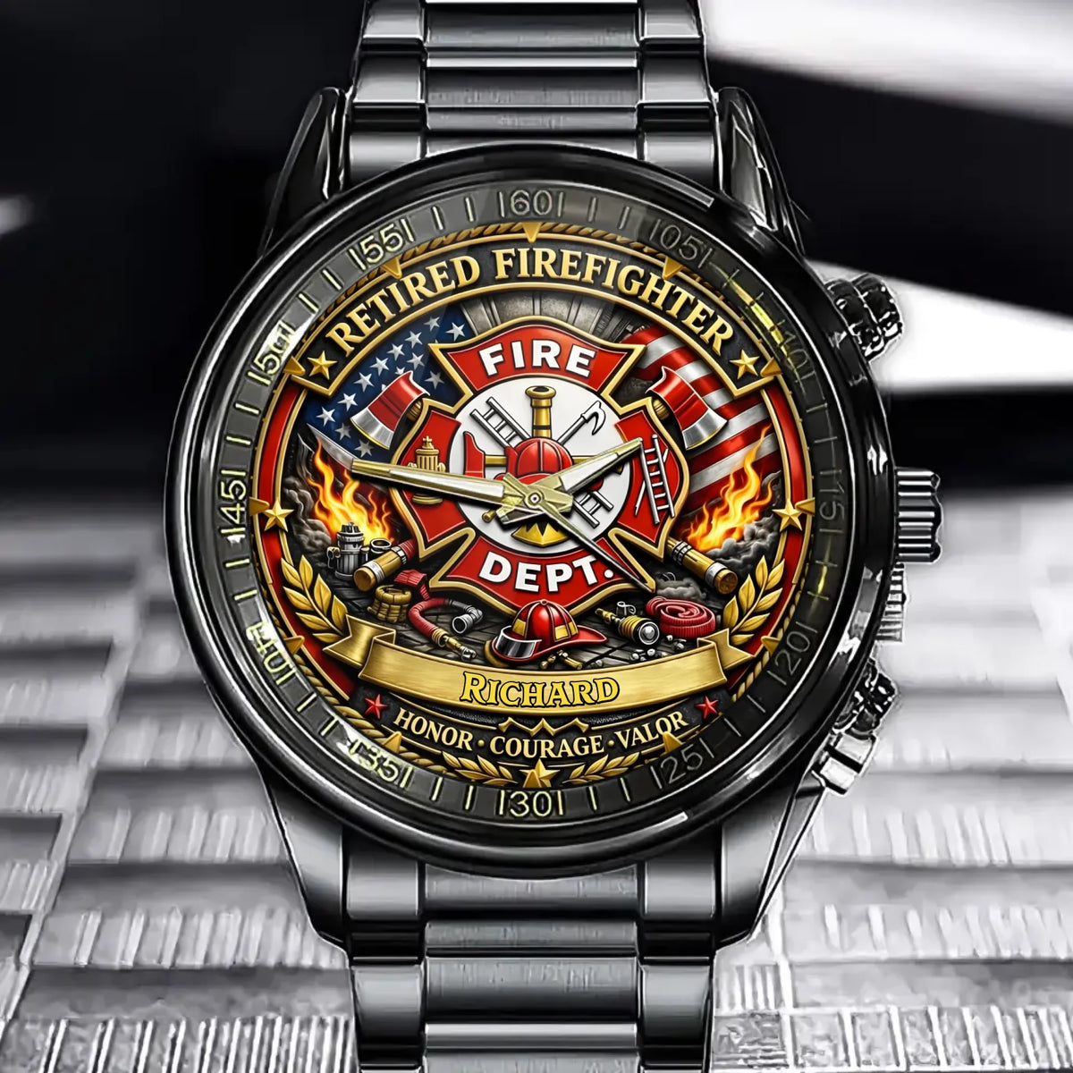 Personalized Retired Firefighter Watch- Custom Name Engraved Patriotic Design With Us Flag