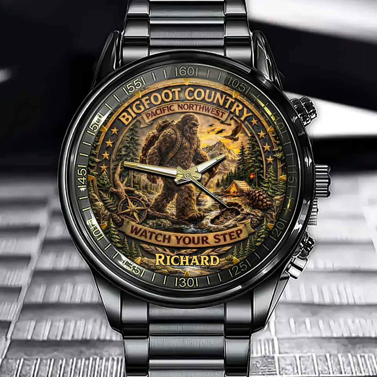 Personalized Bigfoot Watch - Custom Name, Distinctive Forest & Cryptid Timepiece