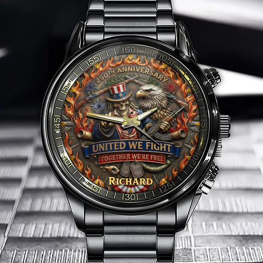 Personalized 250th Anniversary Patriotic Watch-With Custom Name Engraved Eagle & Skull Art