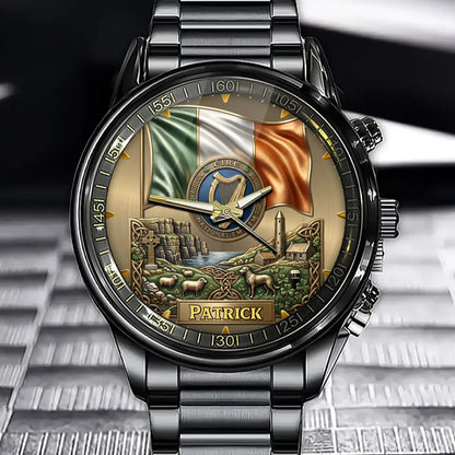 Personalized Ireland Heritage Watch – Custom Name With Irish Flag and National Emblem