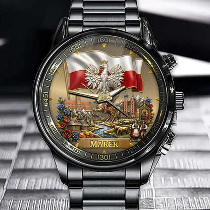 Personalized Poland Heritage Watch – Custom Name With Polish Flag and National Emblem