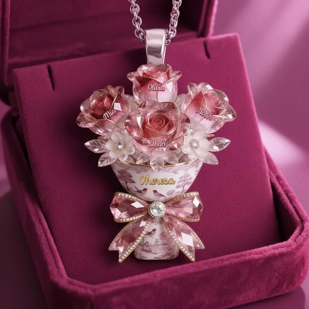 Gracefully Elegant Crystal Rose Bouquet Teacup Necklace - Personalized Names Pendant Gift for Mom / Grandma