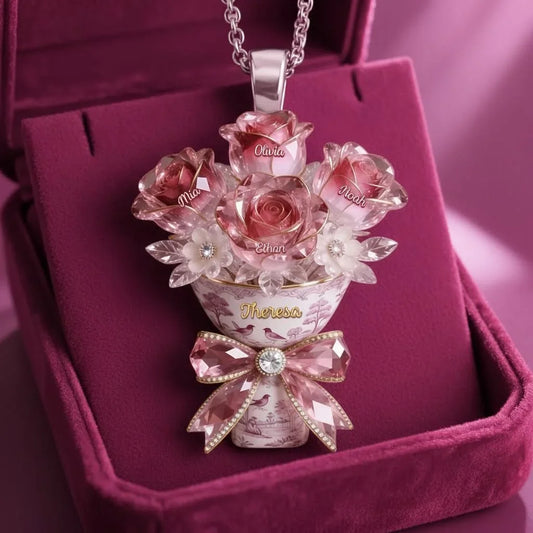Gracefully Elegant Crystal Rose Bouquet Teacup Necklace - Personalized Names Pendant Gift for Mom / Grandma