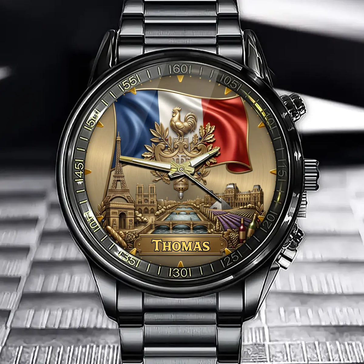 Personalized France Heritage Watch – Custom Name With French Flag and National Emblem