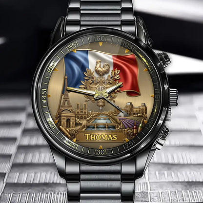 Personalized France Heritage Watch – Custom Name With French Flag and National Emblem