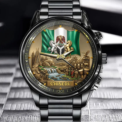 Personalized Nigeria Heritage Watch – Custom Name With Flag and National Emblem