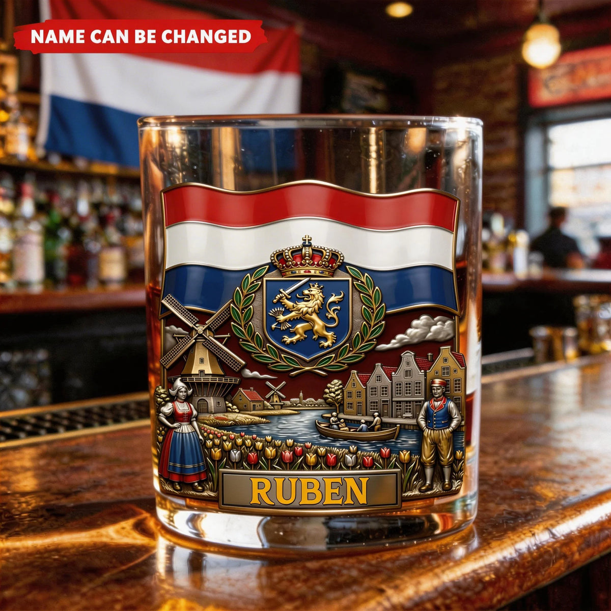 Personalized Netherlands Heritage Whiskey Glass – Custom Name With Flag and Crest