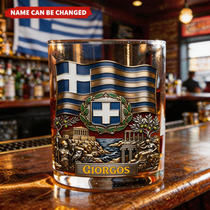 Personalized Greece Heritage Whiskey Glass – Custom Name With Flag and Ancient Landmarks