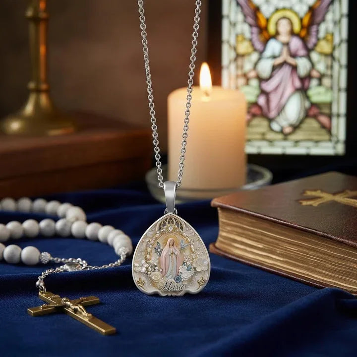 Personalized Catholic Virgin Mary Necklace – Custom Name Teardrop Pendant