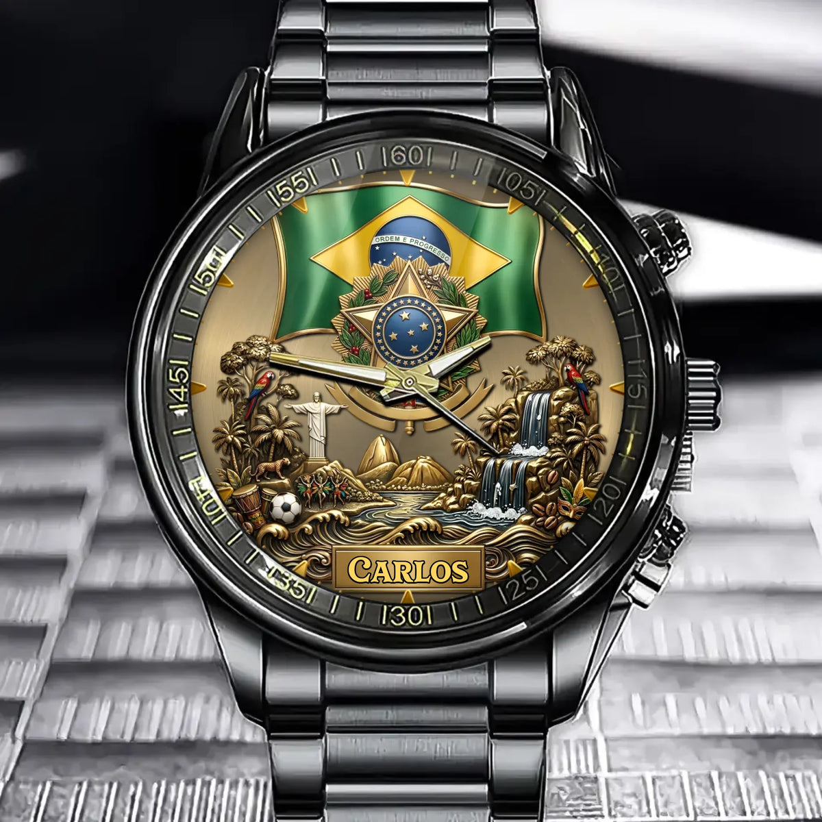 Personalized Brazil Heritage Watch – Custom Name With Flag and National Emblem