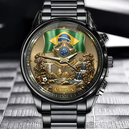 Personalized Brazil Heritage Watch – Custom Name With Flag and National Emblem